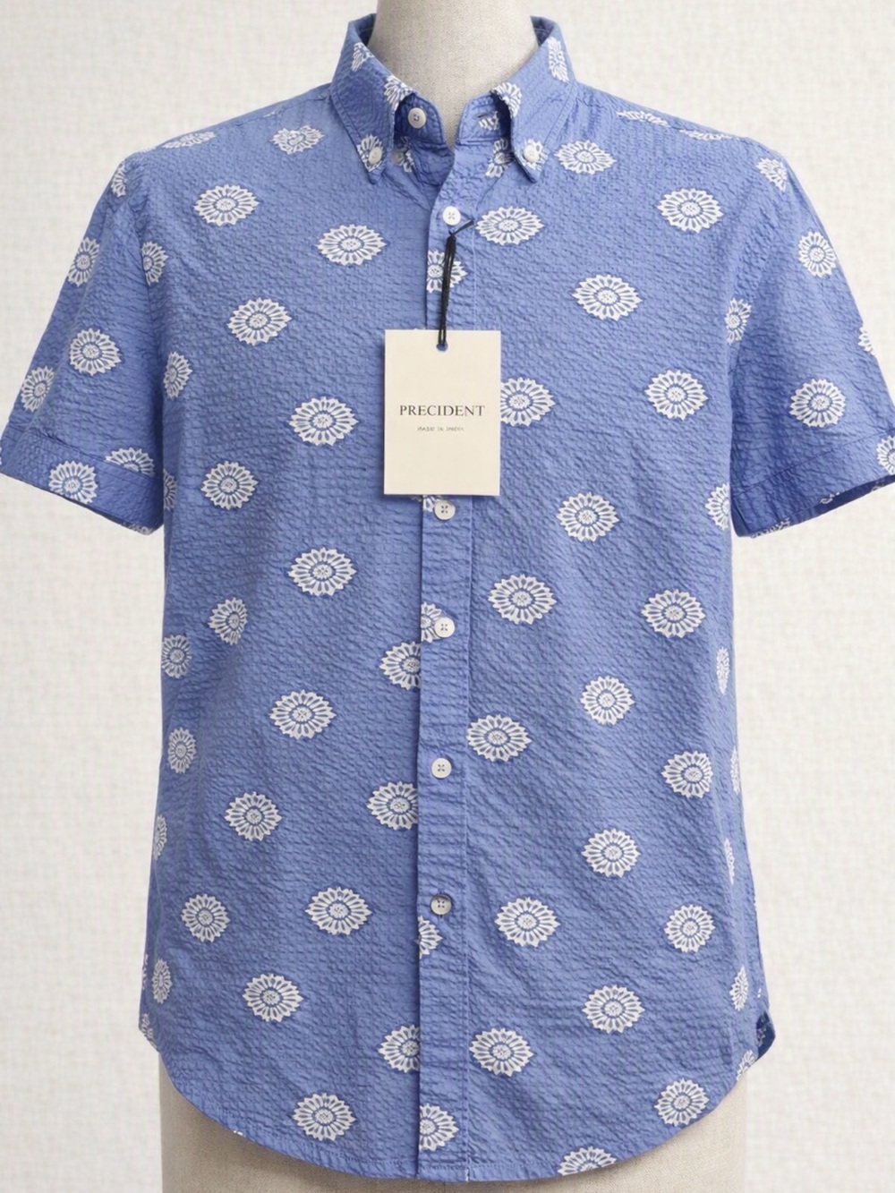 Blue Short-Sleeve Printed Button-Down Shirt